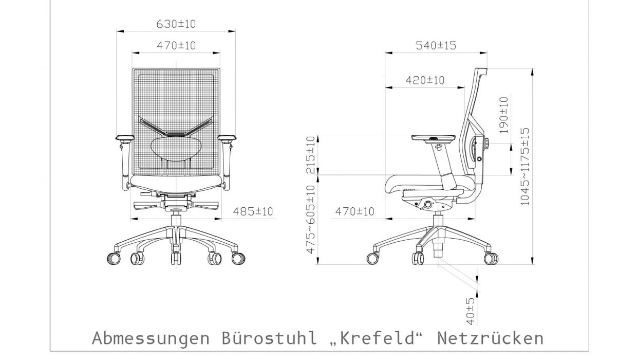 Abmessungen Bürostuhl Krefeld mit Netz-Rückenlehne