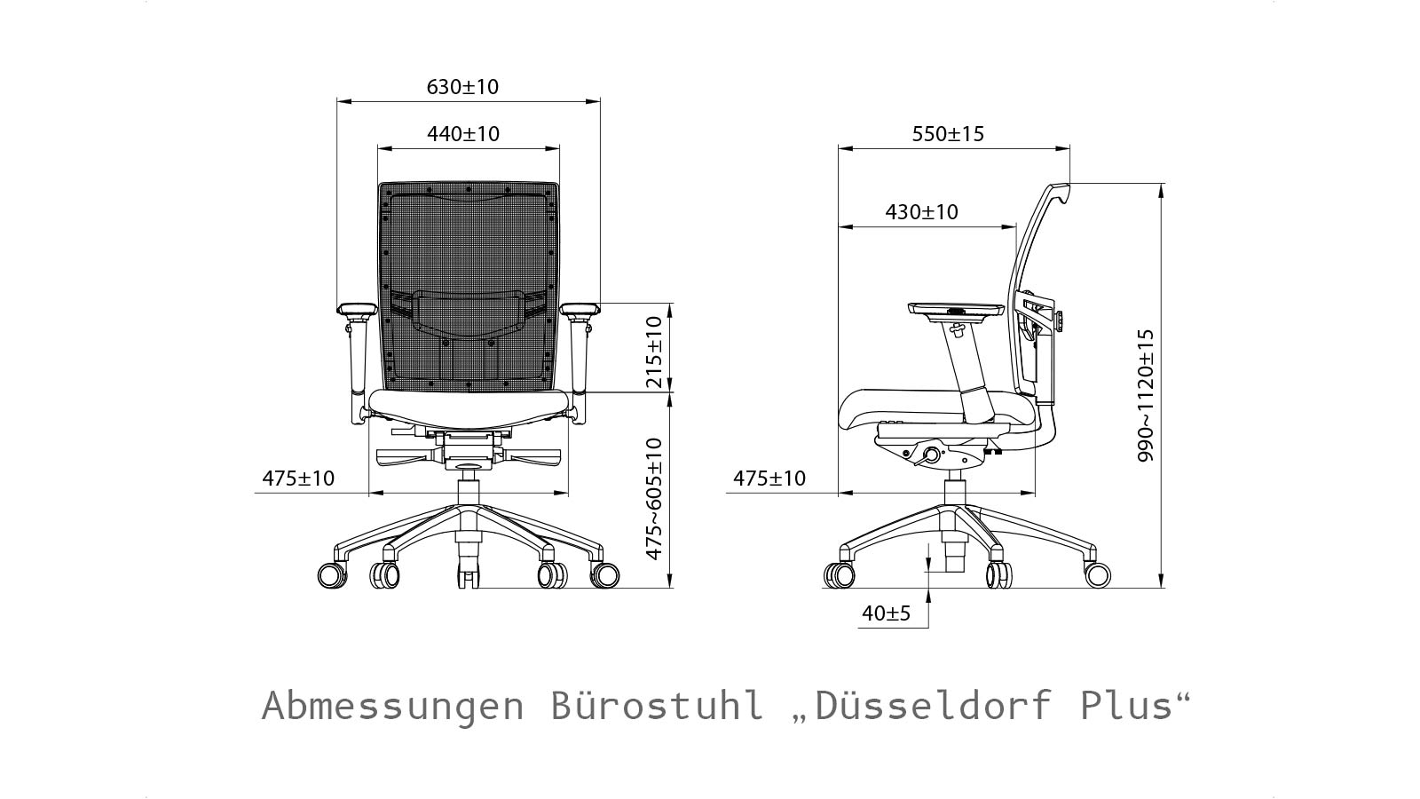 Abmessungen des Bürostuhls Düsseldorf Plus mit Netzrücken