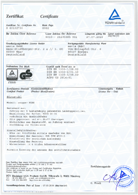 Aeris Swopper TÜV-Zertifikat GS