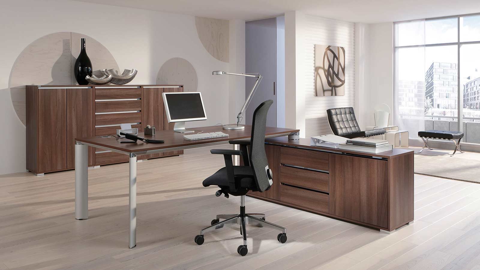 Schreibtischkombi mit Sideboard L-Formation Schreibtisch aufgedeckt Select Modulschrank Palma von Palmberg Wenge
