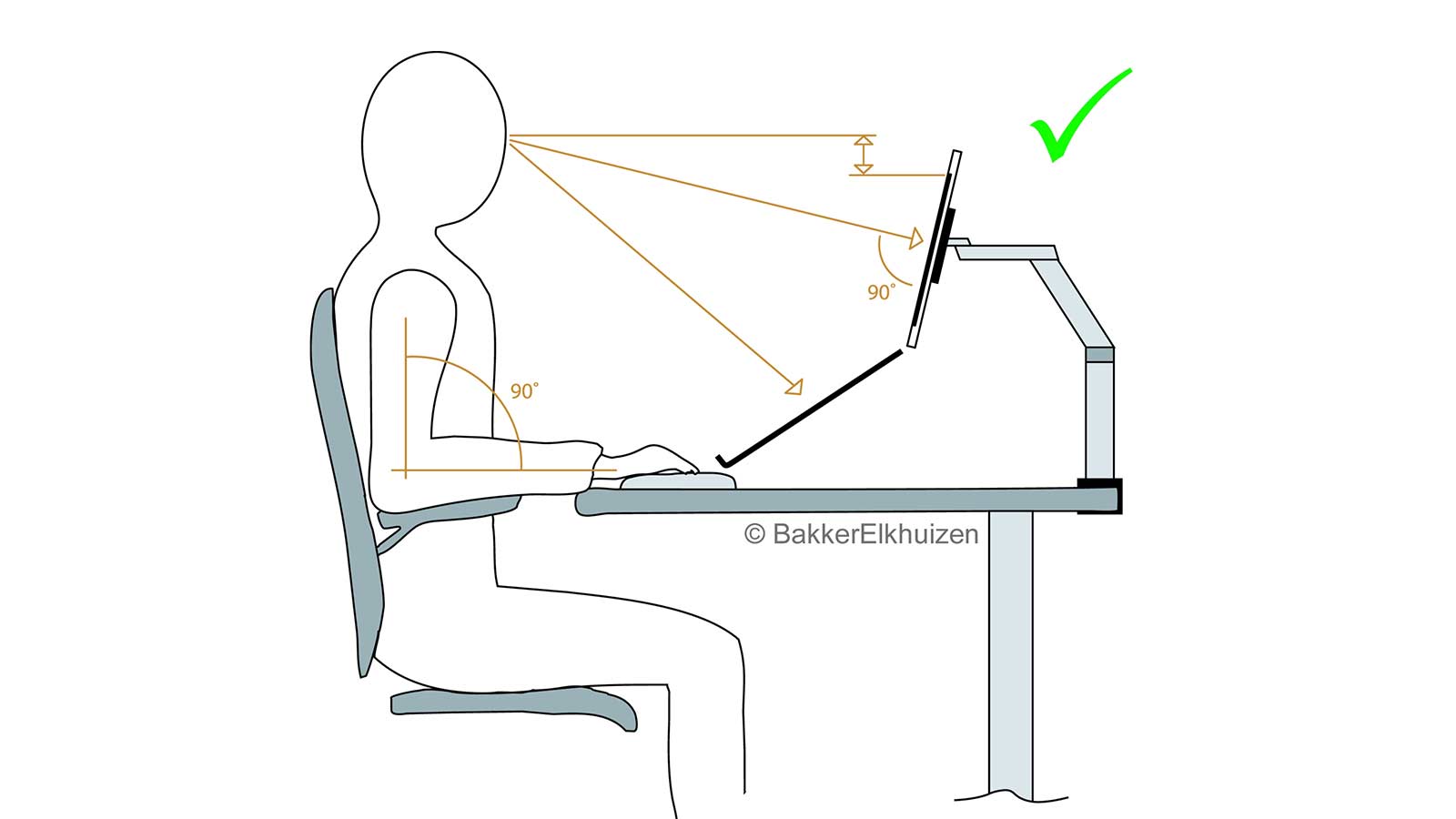 Zeichnung richtig: ergonomische Arbeitshaltung mittels Monitorhalter Space Arm Dual von BAKKER ELKHUIZEN