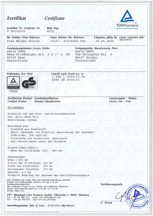 TÜV-Zertifikat für Steh-Stiz „Muvman“ von Aeris