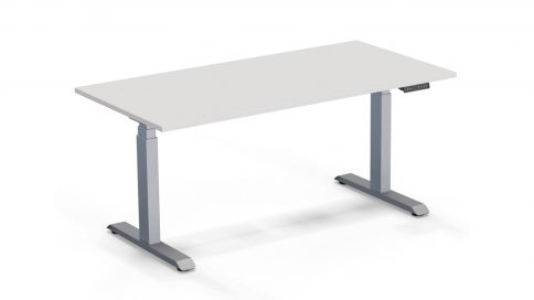 elektrisch höhenverstellbarer Sitz-Steh-Tisch mit weißer Tischplatte und silbergrauem Gestell - erg