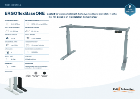 Datenblatt zum elektromotorisch höhenverstellbaren Sitz-Steh-Tisch-Gestell „ERGO flex Base ONE“
