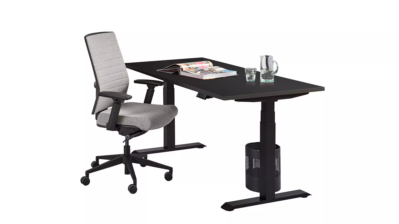 @-MOVE Sitz-/Steh-Tisch, Tisch-Platten-Dekor "Anthrazit Eiche", Gestell "Schwarz"-farben, runter gefahren
