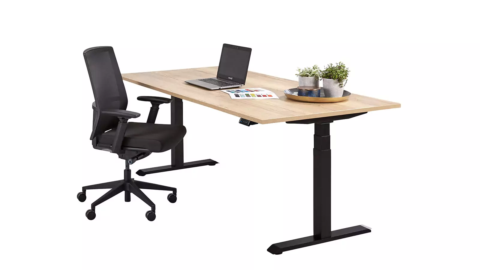 @-MOVE Sitz-/Steh-Tisch, Tisch-Platten-Dekor "Halifax Eiche", Gestell "Schwarz"-farben, runter gefahren