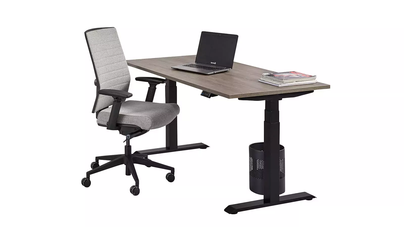@-MOVE Sitz-/Steh-Tisch, Tisch-Platten-Dekor "Robson Eiche", Gestell "Schwarz"-farben, runter gefahren