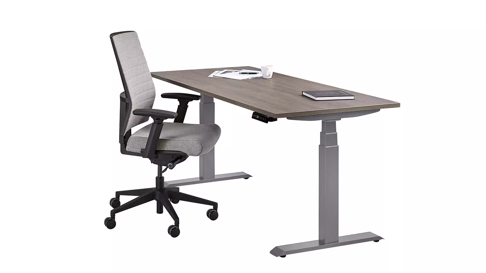 @-MOVE Sitz-/Steh-Tisch, Tisch-Platten-Dekor "Robson Eiche", Gestell "Aluminium"-farben, runter gefahren