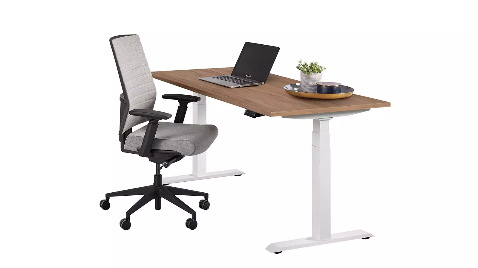 @-MOVE Sitz-/Steh-Tisch, Tisch-Platten-Dekor "Halifax Eiche", weißes Gestell, runter gefahren