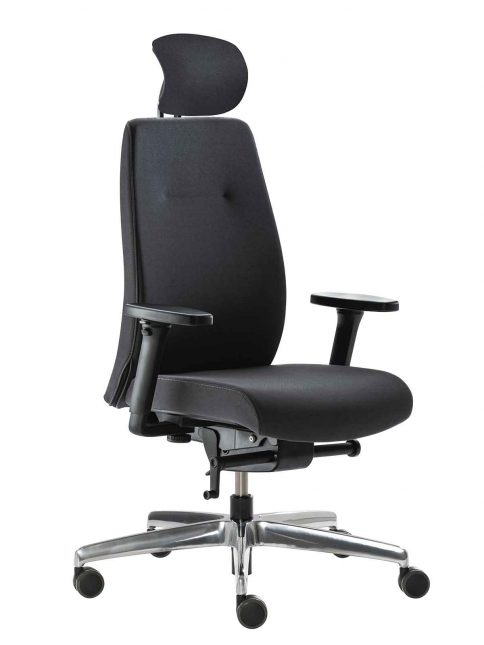 Bürostuhl "PAD BACK" schwarz mit Polster-Kopfstütze Ansicht von seitlich vorne rechts